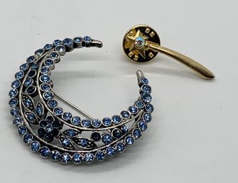 Vintage Silver Tone Blue Crystal Floral Moon Celestial Brooch And T&T FGM Gold Tone Shooting Star Comet Pin
