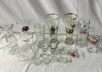 Pair Of Austrian Pilsner Glasses.libby Of Canada Cowboy Boot, Wine Carafe, Shot Glasses And Assorted Barware