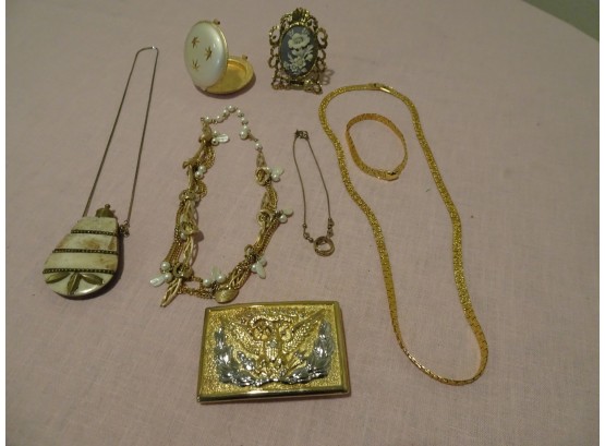 24K Gold Plated Buckle, Compact, Necklace, Necklace And Bracelet Cameo, Vintage Snuff Flask. (untested)