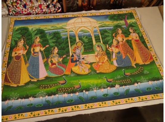 Vintage Water Color Hand Painted On Cloth Hindu God Radha Krishna Painting.