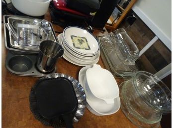 Table Full Of Cooking Items, Pyrex, Pans, Dishes And More.