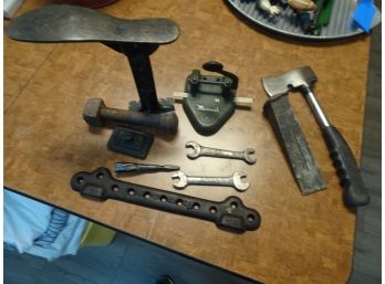Misc. Lot Old Wrenches, Hatchet, Marvel Hole Punch, Cast Iron Cobller Shoe Form