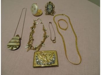 24K Gold Plated Buckle, Compact, Necklace, Necklace And Bracelet Cameo, Vintage Snuff Flask. (untested)