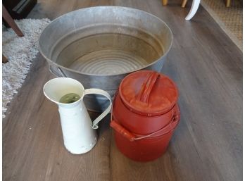 Large #3 Wash Tub, Water Can And Vintage Container.