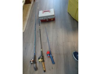 3 Fishing Poles (2 Zebco & 1 Spiderman Shakespeare) And Tackle Box.