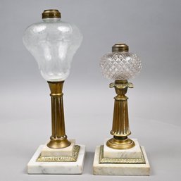 Two American Gilt Brass And Glass Fluid Lamps