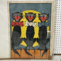 Three Howling Cats On A Fence - Color Lithograph