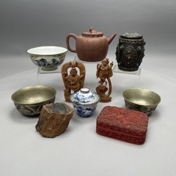 Group Of Asian Ceramic, Carved Wood & Stone Wares