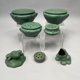 4 Glazed Pottery Flower Holders & Bowls, 3 Frogs