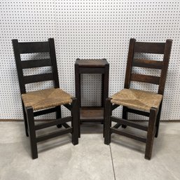 Pair Of Arts & Crafts Oak Side Chairs & A Stand