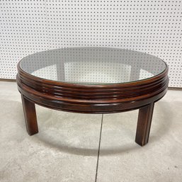 Contemporary Mahogany Circular Coffee Table With Glass Top
