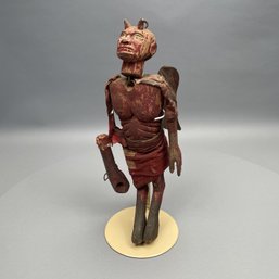 Folk Art Carved Wood Figure Of Satan In Red Paint
