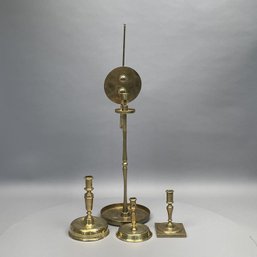 Three Brass Candlesticks & A Chinese Reflector Sconce