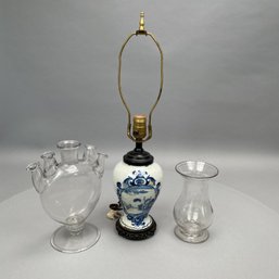 Dutch Delft Lamp, Glass Tulip Vase & A Vase