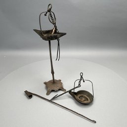 Two American Wrought-Iron Grease Lamps & Snuffer