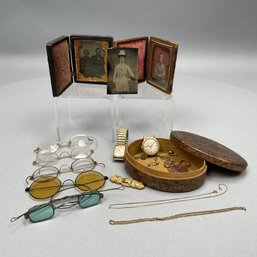 Five Pair Spectacles, Three Photos And Jewelry