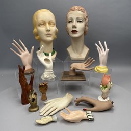 Two Art Deco Chalkware Heads, And Twelve Hands