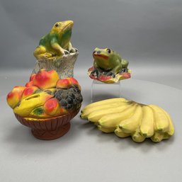 Two Chalkware Fruit & Two Frog Carnival Prizes