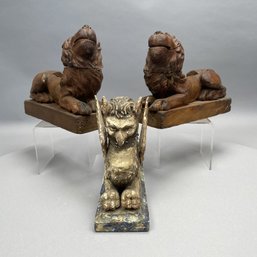 Continental Figure Of A Griffin & Pair Of Carved Lions