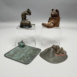 One Carved Treen And Three Bronze Tabletop Items