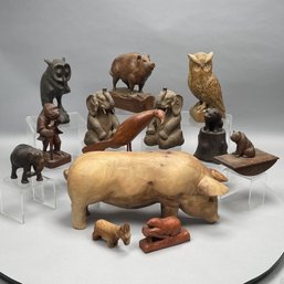 Thirteen Carved Wooden Figures Of Birds And Animals
