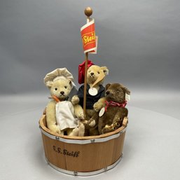 'Rub-a-Dub Dub' Three Steiff Bears In A Wood Tub