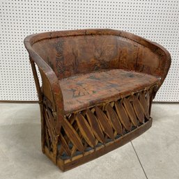 Mexican Equipale Paint-Decorated Pigskin Settee