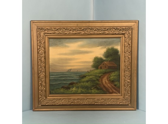 T. Bailey Seascape Depicting Ships At Sea And A Cabin Along The Shore