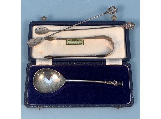 Modern English Sterling Apostle Spoon, Pair Of Georgian Tongs & 2 Mallorca Souvenir Iced Tea Spoons