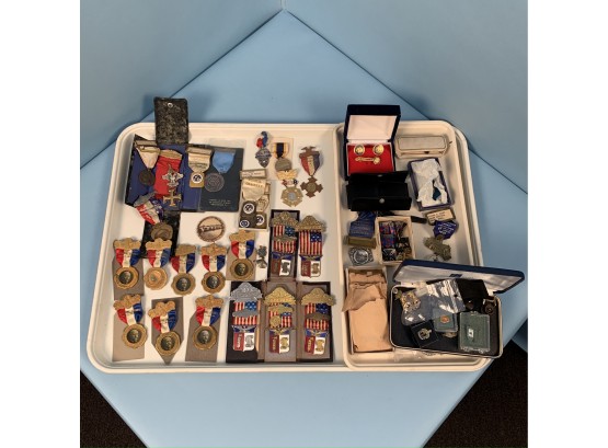 Lot Of Fraternal, Military And Commemorative Pins And Badges