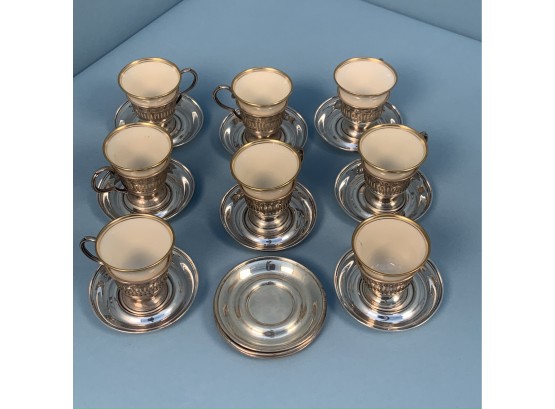 Eight Sterling Silver Cups With Lenox Liners And Saucers