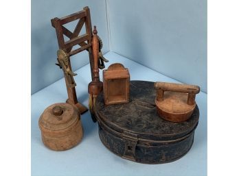 Wooden Bee Box, 2 Butter Presses Including A Swan, A Tin Box And A Pattent Model Of A Trebu Chet
