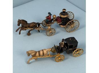 Cast Iron Horse Drawn Fire Pumper Toy Together With A Horse Drawn Carriage