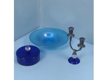 Cobalt Pairpoint Candy Dish And Candle Stick With An Iridescent Blue Center Bowl