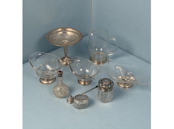 Lot Of Sterling Mounted Glassware And A Weighted Sterling Compote
