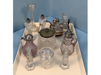 Pressed Glass Syrups, Biscuit Jar, Whale Oil Lamps, S&P Shakers, Castor Set, Pot De Creme And A Etched Vase
