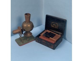Magic Lantern Kerosene Projector And Glass Slides In Decoupage Box