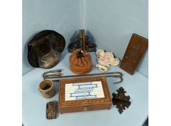 Tray Lot With Cherub Bookends, Porcelain Ink Stand, Tile Top Box, Carved Cookie Board, Etc...