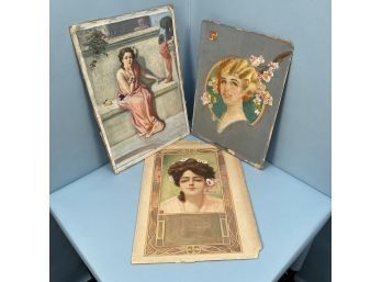 Lot Of Three Art Nouveau Pastel Paintings Of Women