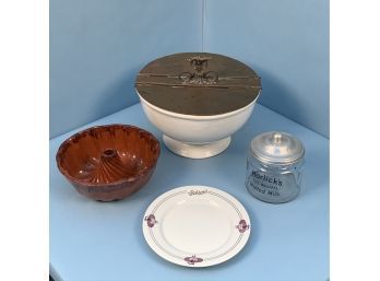 Horlicks Malted Milk Canister, Gibson Plate, Turks Head Mold, Copper Lidded Ironstone Serving Bowl
