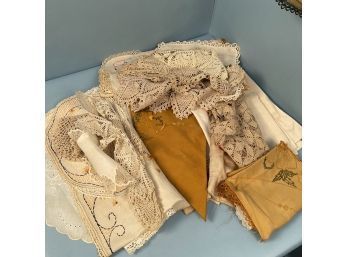 Box Lot Of Linens And A 1952 Korean War Era Hand Painted Silk W/ Dragon And Flags