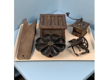 Country Lot With A Punched Tin Foot Warmer, Apple Peeler, Nail Tray, Coffee Grinder And A Boot Jack