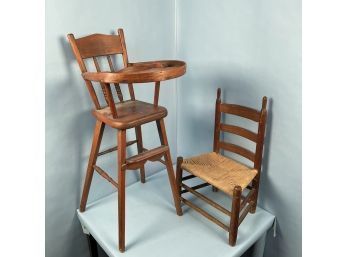 Child's Highchair Together With A Child's Ladderback Chair. (2)