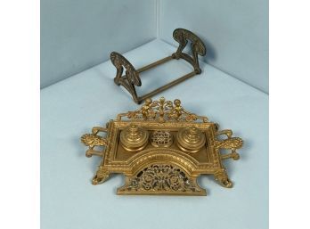 Art Nouveau Adjustable Bookstand, Together With A Louis XV Style Brass Standish