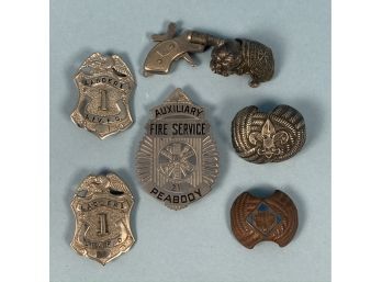 Three Fire Badges, Two Boy Scout Scarf Clips, Etc.