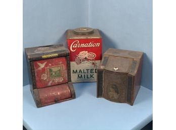 Carnation Malted Milk Canister And 2 Tin Tea Bins