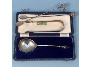 Modern English Sterling Apostle Spoon, Pair Of Georgian Tongs & 2 Mallorca Souvenir Iced Tea Spoons
