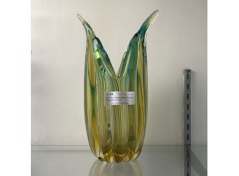Mid-Century Murano Amber To Green Ribbed Art Glass Vase.