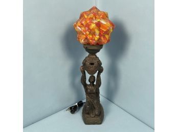 Bronze Finish Spelter Figural Torchere Lamp With Geometric Faceted Shade