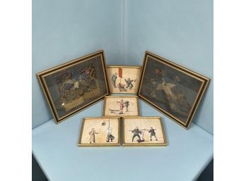 Four Chinese Watercolors On Silk Paintings And Two Asian Needlework Panels